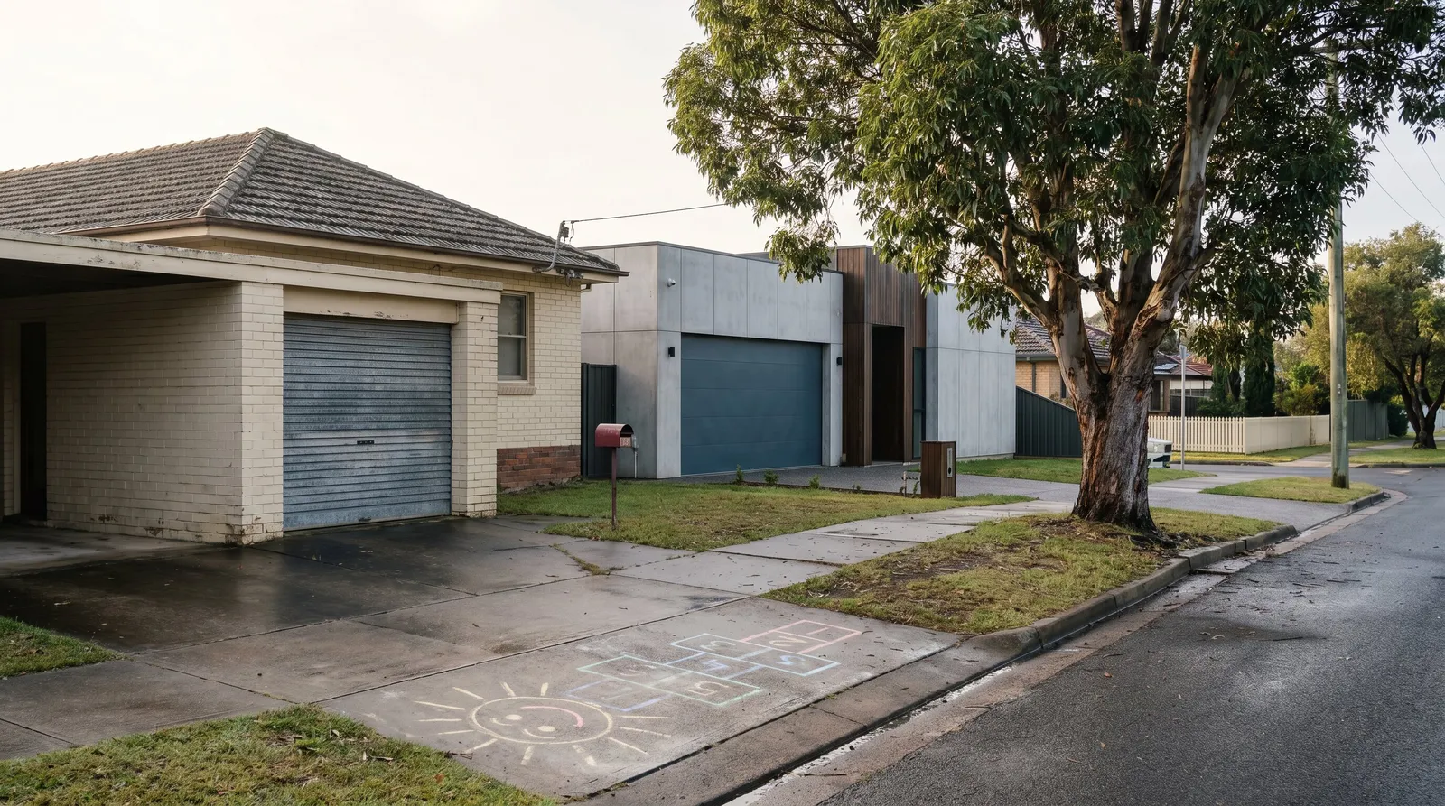 An East Maitland street: an older cream-brick home with a roller door beside a modern concrete infill build with a flat sectional door