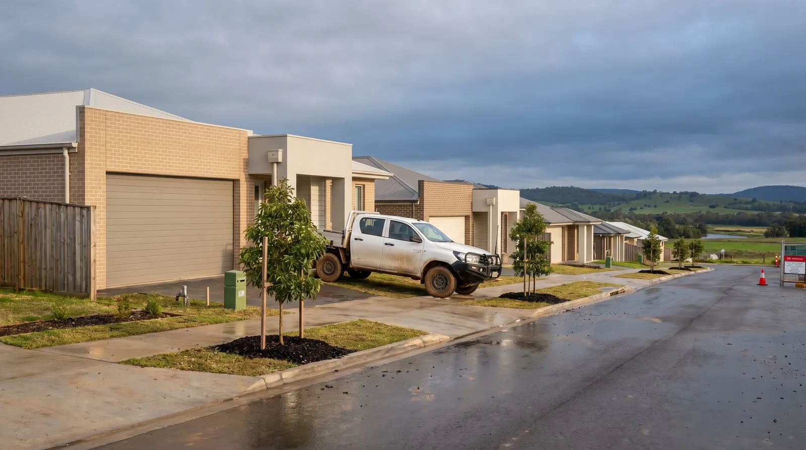 A new estate street of modern brick homes where wide sectional garage doors make up a third of each facade