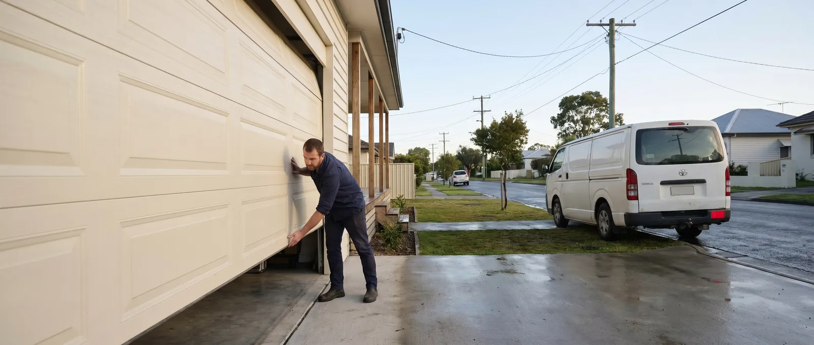A technician checking the bottom edge of a raised sectional garage door at a weatherboard home in early morning light