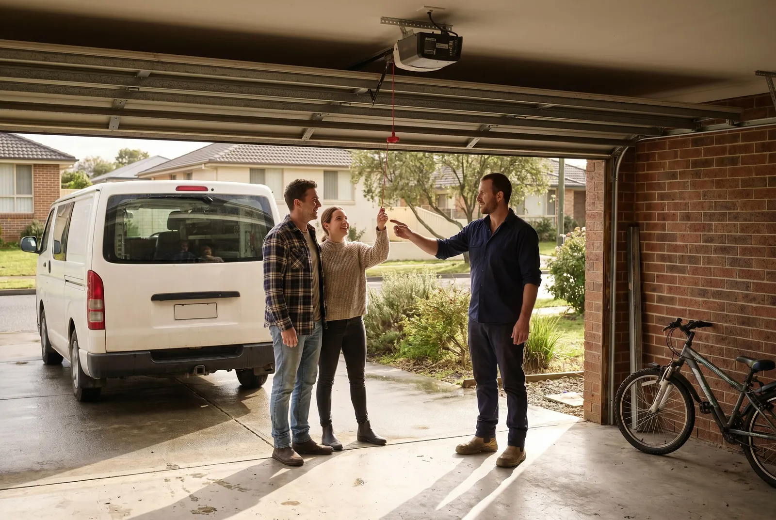 A technician showing a young couple how to use the manual release on their garage door opener