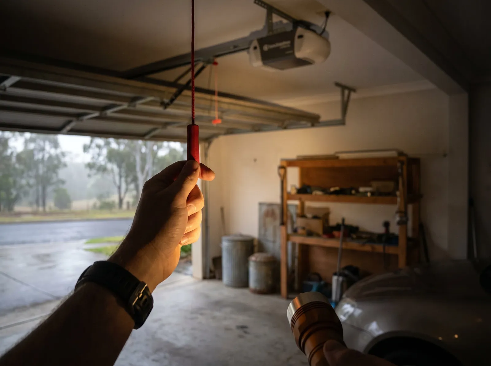 A hand reaching for the red manual release cord inside a dim garage