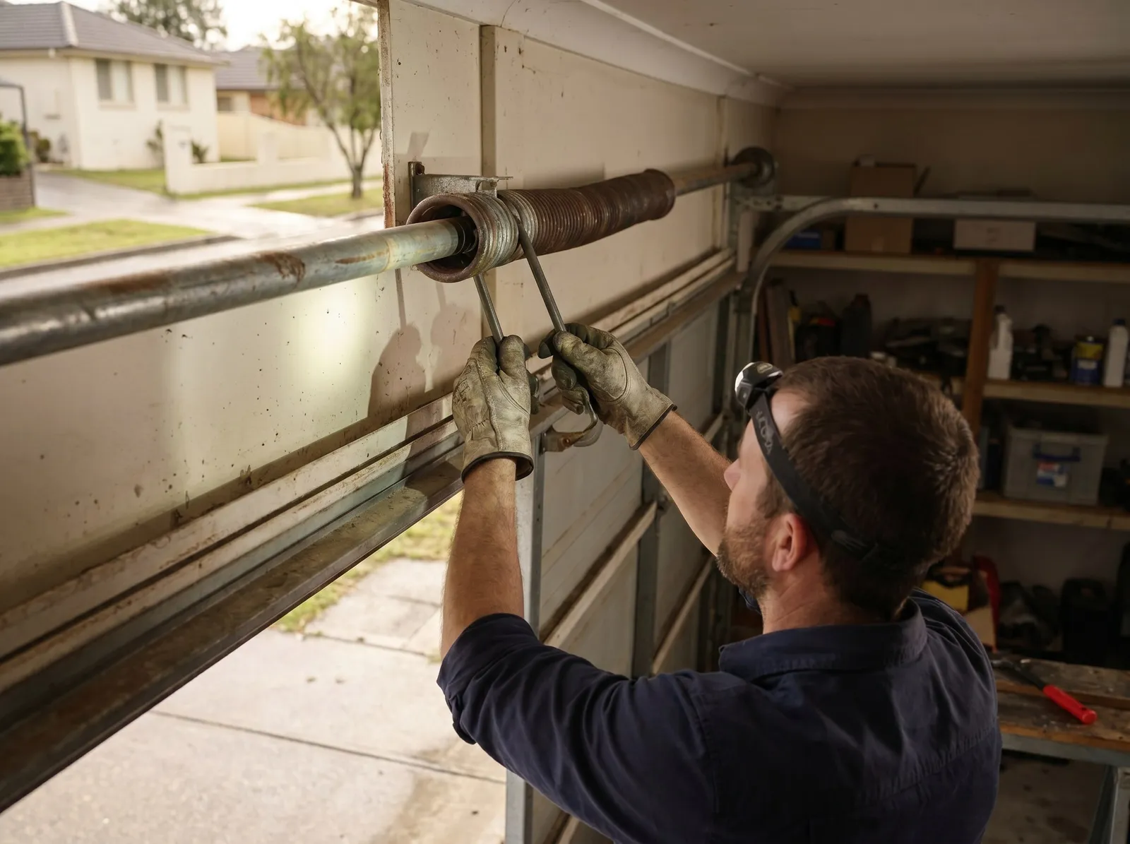 Gloved hands working on a torsion spring assembly above a garage door