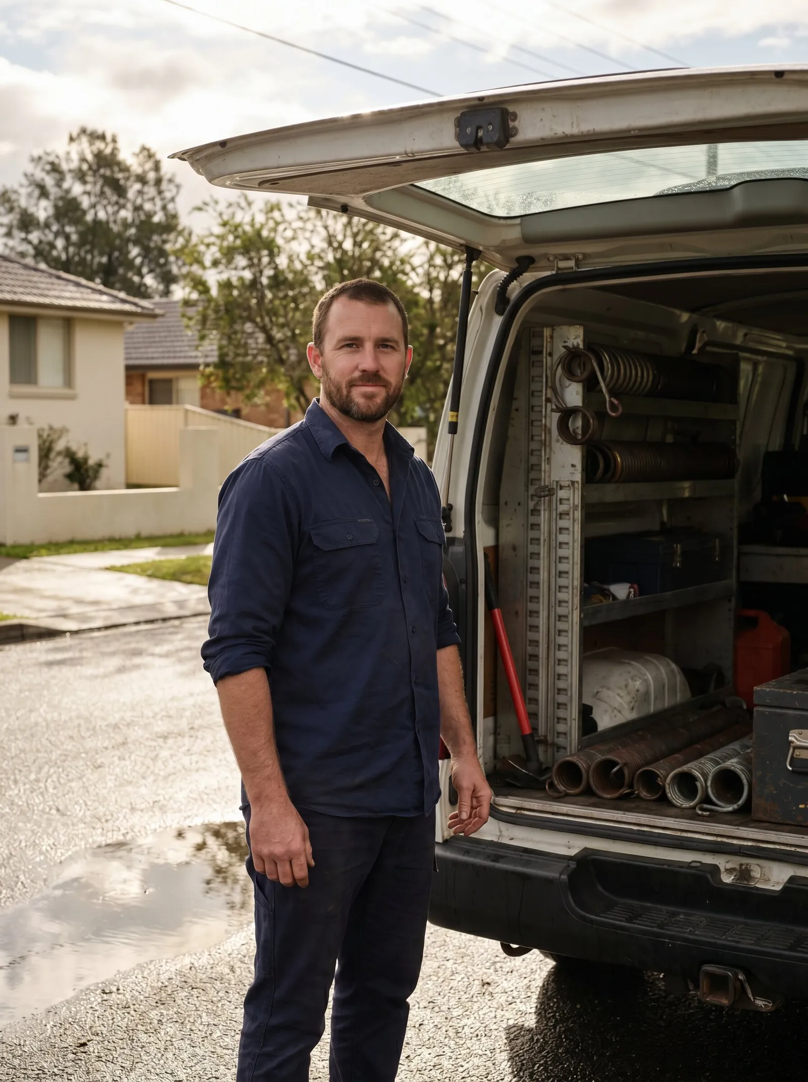 A garage door technician standing at the open tailgate of a work van stocked with springs and door hardware